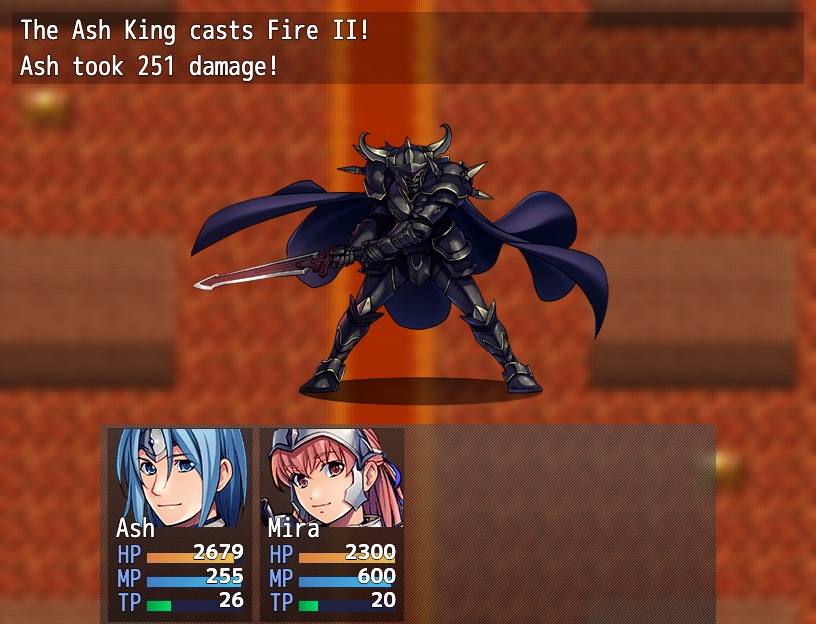 A boss battle against an armored knight casting fire