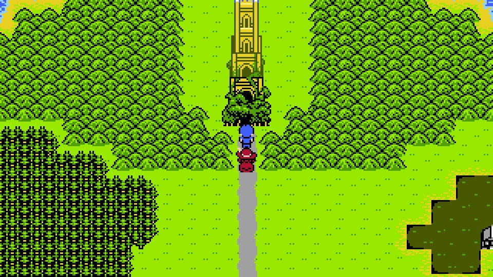 A retro-style overworld with a golden tower above a forest path