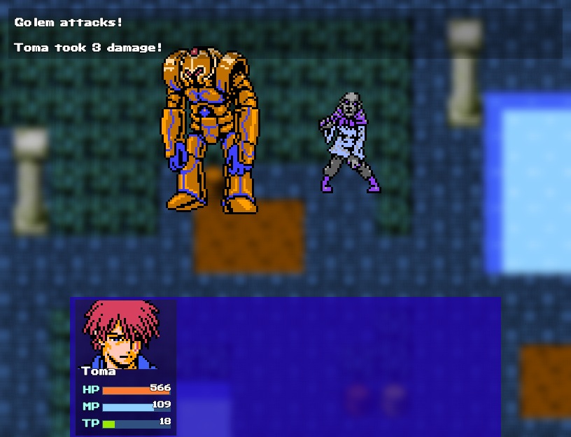 A retro-style battle against a golem
