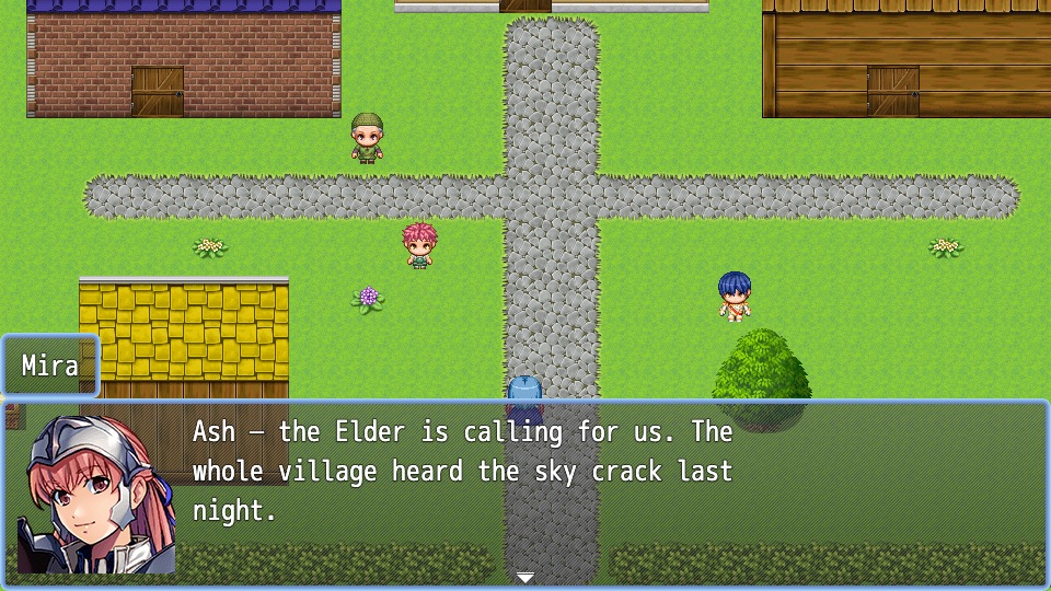 A village with a character speaking in a dialogue box